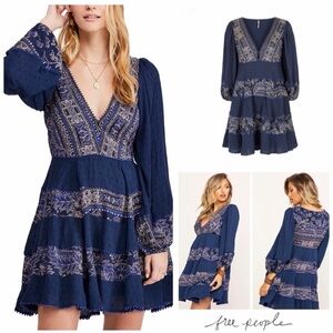 Free People Deep Blue Patterned Long Sleeve Dress | My Love Mini